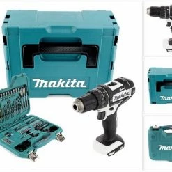 Makita Schlagbohrmaschine »Makita DHP 482 ZJ W Akku Schlagbohrschrauber 18V 62Nm im Makpac - ohne Akku, ohne Ladegerät + 100 tlg Bit & Bohrer Set«