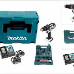 Makita Schlagbohrmaschine »Makita DHP 482 W RTJ - 18 V Li-Ion Akku Schlagbohrschrauber im Makpac + 2x 5,0Ah Akku + Schnellladegerät + Makita B-53811 Bit & Bohrer-Set 100-teilig«