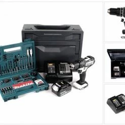 Makita Schlagbohrmaschine »Makita DHP 482 ST1X W Akku Schlagbohrschrauber 18V 62Nm + 1x Akku 5,0Ah + Ladegerät + 100tlg. Bit Bohrer Set + Makbox«