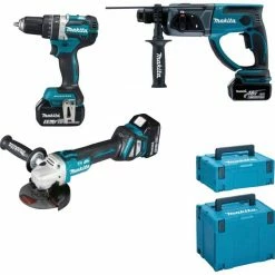 Makita Elektrowerkzeug-Set, Komplett-Set, 3-tlg., Set bestehend aus Schlagbohrhammer, Winkelschleifer, Bohrhammer, Ladegerät, 3 x 18V Akkus, Transportkoffern und weiterem Zubehör