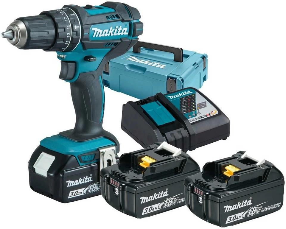 Makita Akku-Schlagbohrschrauber »18V DHP482RF3J«, max. 1900 U/min, mit 3 Akkus 3,0Ah/18V, Ladegerät und MAKPAC 3 Makita Akku-Schlagbohrschrauber »18V DHP482RF3J«, max. 1900 U/min, mit 3 Akkus 3,0Ah/18V, Ladegerät und MAKPAC