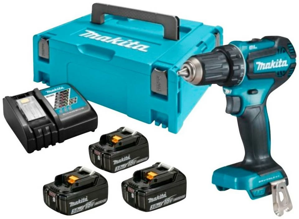 Makita Akku-Bohrschrauber »DDF485RF3J«, (6-tlg), mit 3 Akkus 18V/3Ah, Schnellladegerät und MAKPAC 2 3 Makita Akku-Bohrschrauber »DDF485RF3J«, (6-tlg), mit 3 Akkus 18V/3Ah, Schnellladegerät und MAKPAC 2